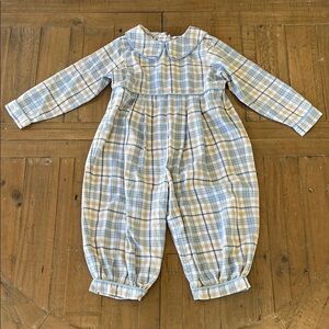 Boutique blue and tan Plaid collared romper one piece long sleeve 4T Easter